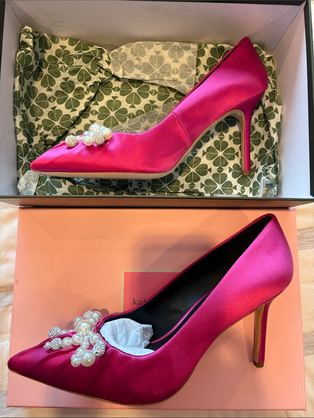 kate spade Elodie Pink Satin Heels with Pearl & Crystal Bows - Picture 1 of 7